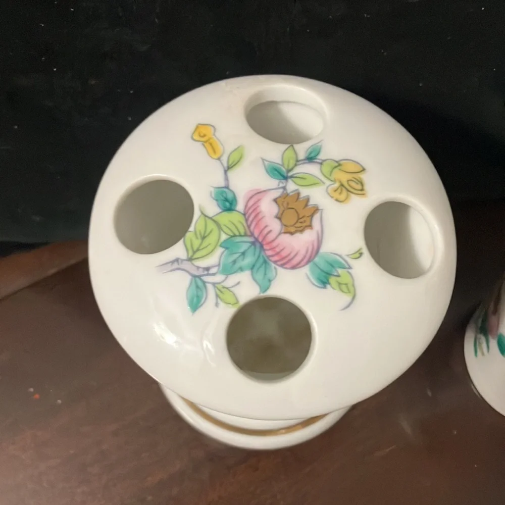 Vintage Porcelain Andrea by Sadek Asian Style Floral Toothbrush Holder & Cup